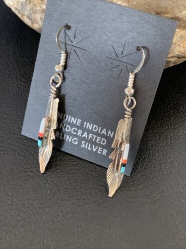 Navajo Coral Inlay Feather Earrings | Sterling Silver | Authentic Native American Handmade | 13065