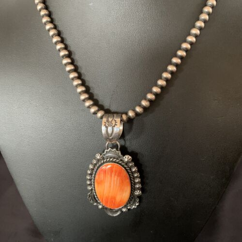 Navajo Pearls Orange Spiny Oyster Necklace Pendant | Sterling Silver | Authentic Native American Handmade | 11301