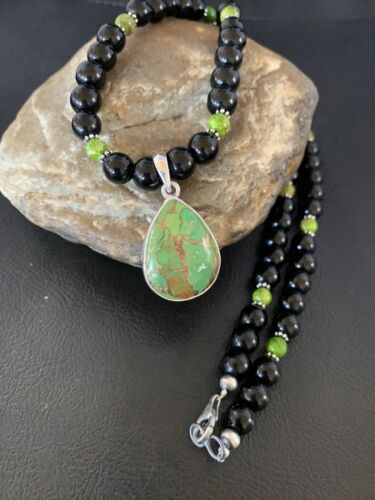 Navajo Pearls Onyx Mojave Turquoise Pendant Necklace | Sterling Silver | Authentic Native American Handmade | 13253