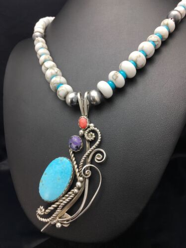 Navajo Kingman Turquoise Pendant Necklace | Authentic Native American Sterling Silver | Multi-Stone | 3043