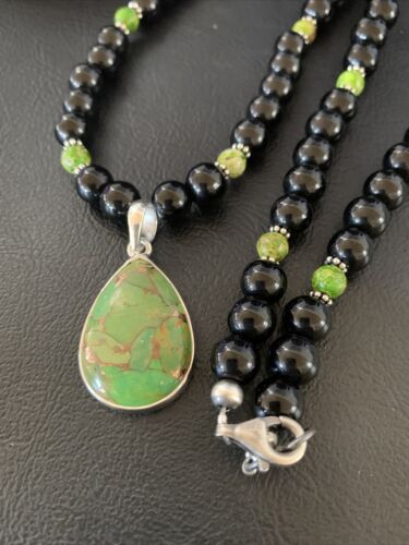 Navajo Pearls Onyx Mojave Turquoise Pendant Necklace | Sterling Silver | Authentic Native American Handmade | 13251