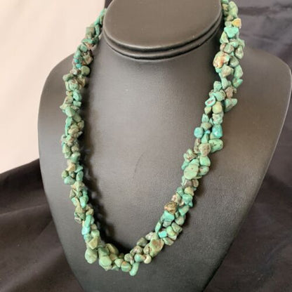 Navajo Green Turquoise Nugget Necklace | 3-Strand Braid | Sterling Silver Pearls | 20" | 11833