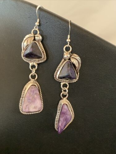 Navajo Purple Charoite Dangle Earrings | Sterling Silver | Authentic Native American Handmade | 01222