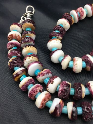 Navajo Purple Spiny Oyster & Turquoise Bead Necklace | Sterling Silver | Authentic Native American Handmade | 22" | 2617