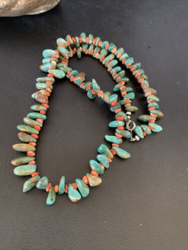 Navajo Green Turquoise and | Red Spiny Oyster Necklace | Sterling Silver | Authentic Native American Handmade | 21" | 13222