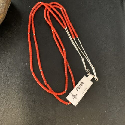 Navajo Red Coral Liquid Heishi Necklace | 2 Strands Sterling Silver Tubes | 22" | Authentic Native American Handmade | 768