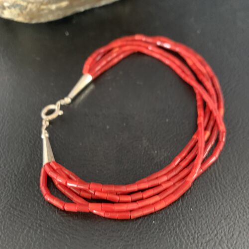 Handmade Liquid Silver 5-Strand Red Apple Coral Heishi Bracelet | Sterling Silver | 7.5" | 13610