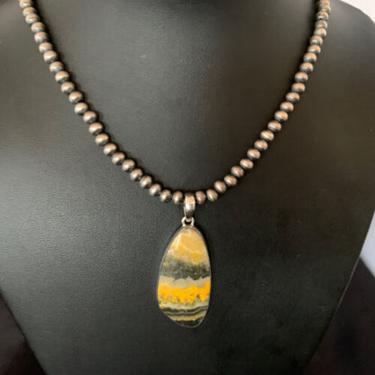 Navajo Yellow Bumblebee Jasper Pendant Necklace | Sterling Silver | Authentic Native American Handmade | 12808
