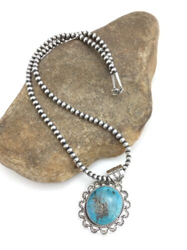 Men's Kingman Turquoise Pendant | Navajo Pearl Sterling Silver Necklace | Authentic Native American Handmade | 4876
