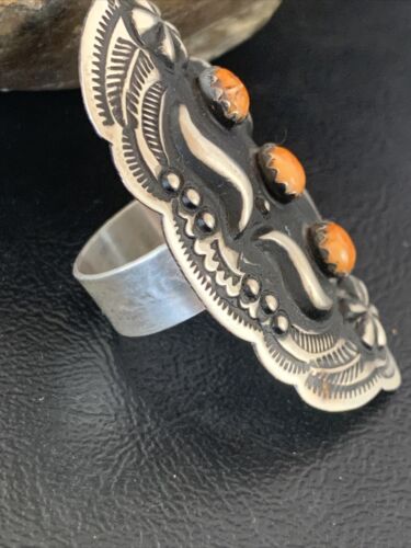Navajo Orange Spiny Oyster Multi-Stone Ring | Authentic Native American Sterling Silver | Sz 10 Adj | 11658