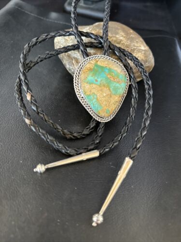 Navajo Green Royston Turquoise Bolo Tie | Sterling Silver | Authentic Native American Handmade | 14520 - Masha USA