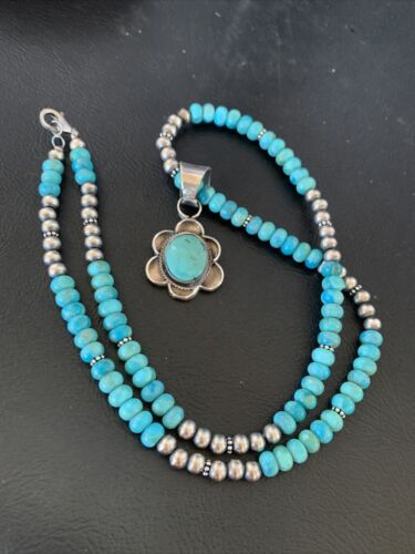 Navajo Blue Turquoise Pendant Necklace | Sterling Silver Pearls | Authentic Native American Handmade | 13220