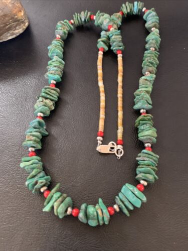 Navajo Green Turquoise Coral Shell Necklace | Sterling Silver | 28" | Authentic Native American Handmade | 11710