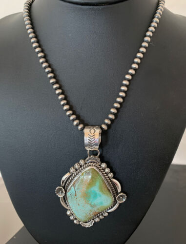 Men's Navajo Pearls Necklace with Royston Turquoise Pendant | Sterling Silver | Native American Handmade | 522