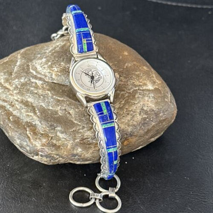 Authentic Navajo Blue Lapis & Opal Inlay Wristwatch | Sterling Silver Tips | Native American Jewelry | 14394