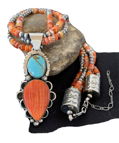 Navajo Pearl Necklace with Turquoise & Spiny Oyster Pendant | Sterling Silver | Multi-Strand | 1677