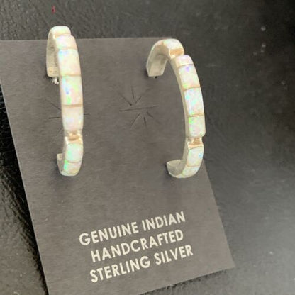 Navajo White Opal Inlay Hoop Earrings | Sterling Silver | 1" | Authentic Native American Handmade | 12128