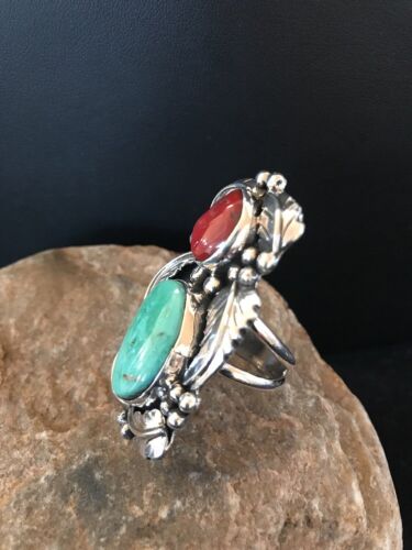 Navajo Royston Turquoise Coral Multi-Stone Men's Ring | Authentic Native American Sterling Silver | Sz 8 | 02218