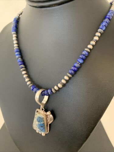 Men's Navajo Pearls Lapis Necklace with Azurite Pendant | Sterling Silver | Authentic Native American Handmade | 01931