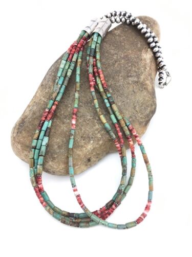 Royston Turquoise & Spiny Oyster Necklace | 4 Strand Navajo Sterling Silver | Authentic Native American Handmade | 4899