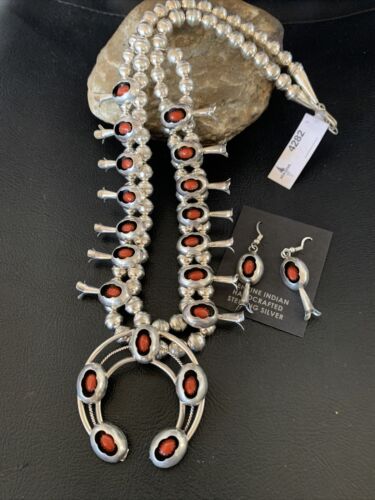 Navajo Coral Squash Blossom Necklace & Earrings Set | Sterling Silver | Authentic Native American Handmade | 13361