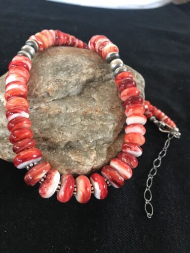 Navajo Red Spiny Oyster Necklace | Sterling Silver | Authentic Native American | Graduated 18" | 12715