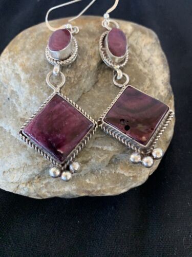 Navajo Purple Spiny Oyster Dangle Earrings | Sterling Silver | Authentic Native American Handmade | 201