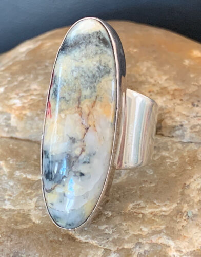 Southwestern Navajo Cinnabrite Ring | White Black | Sterling Silver | Sz 6.5 | 1550