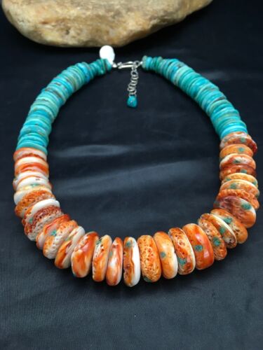 Spiny Oyster & Turquoise Graduated Necklace | Sterling Silver | Authentic Native American Navajo | 17" | 3004