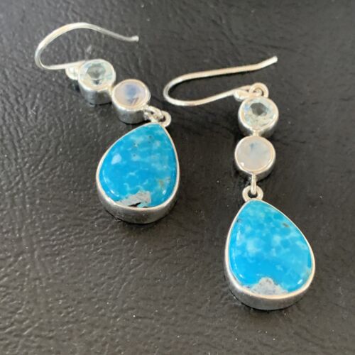 Navajo Blue Kingman Turquoise Earrings | Sterling Silver | Authentic Native American Handmade | 12033