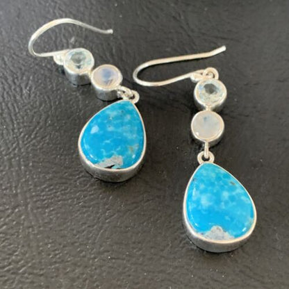 Navajo Blue Kingman Turquoise Earrings | Sterling Silver | Authentic Native American Handmade | 12033