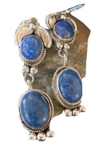 Native American Navajo Denim Lapis Dangle Earrings | Sterling Silver | 2" | 1682