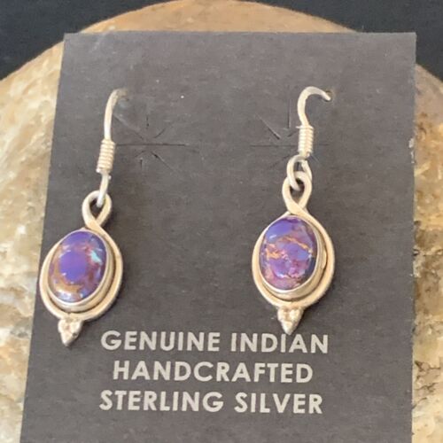 Navajo Purple Turquoise Dangle Inlay Earrings | Sterling Silver | Authentic Native American Handmade | 12683