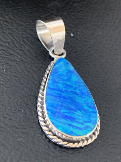 Navajo Blue Faux Opal Pendant | Sterling Silver | Authentic Native American Handmade | 1.50" | 01391