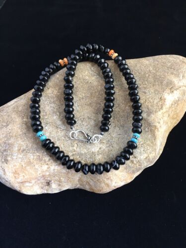 Navajo Black Onyx Turquoise Necklace | Sterling Silver | 18" | Authentic Native American Handmade | 10022