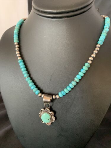 Navajo Blue Turquoise Pendant Necklace | Sterling Silver Pearls | Authentic Native American Handmade | 13219