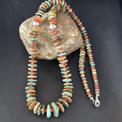 Navajo Turquoise & Red Spiny Oyster Necklace | Sterling Silver | Authentic Native American | 32" | 14379