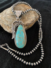 Men's Turquoise #8 Pendant | Navajo Pearls Sterling Silver Necklace | Authentic Native American Handmade | 4312