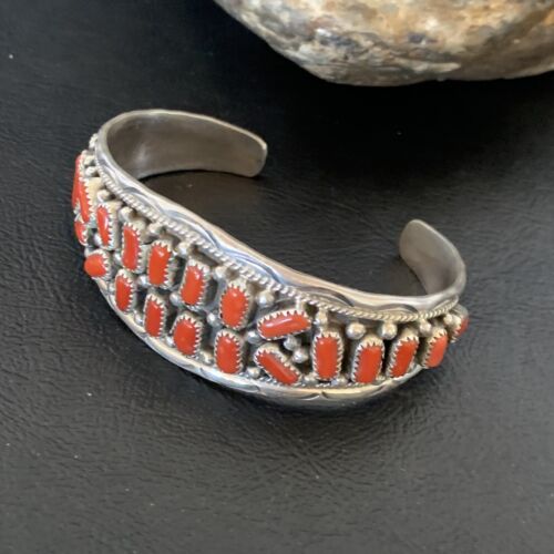 Navajo Multi-Stone Red Coral Bracelet | Sterling Silver | Authentic Native American Handmade | 12235