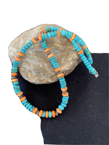 Navajo Blue Turquoise & Spiny Oyster Necklace | Sterling Silver | Authentic Native American Handmade | 18" | 1676