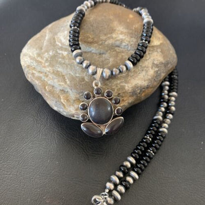 Navajo Pearl Black Onyx Necklace with Pendant | Sterling Silver | 22" | Authentic Native American Handmade | 12279