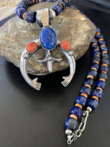 Navajo Blue Lapis Spiny Oyster Naja Pendant | Sterling Silver | Authentic Native American Handmade | 11494