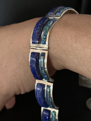 Native American Women's Blue Opal Lapis Inlay Link Bracelet | 7" | Sterling Silver | 14272