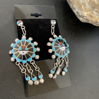 Zuni Sun Face Dangle Earrings | Kingman Turquoise & Black Onyx | Sterling Silver | 12127