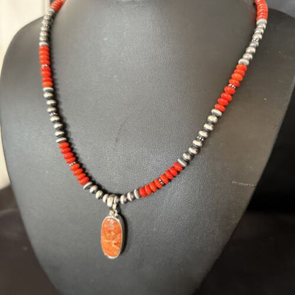 Navajo Red Apple Coral Pendant Necklace | Sterling Silver | Authentic Native American Handmade | 14373