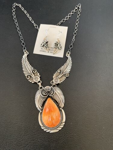 Navajo Orange Spiny Oyster Necklace & Earrings Set | Sterling Silver | Authentic Native American Handmade | 2104