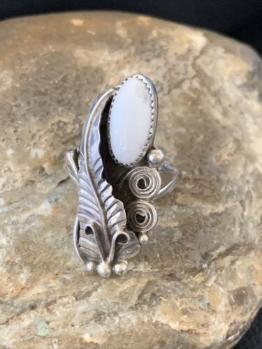 Navajo White Buffalo Turquoise Ring | Sterling Silver | Sz 7 | Authentic Native American Handmade | 12184 - Masha USA