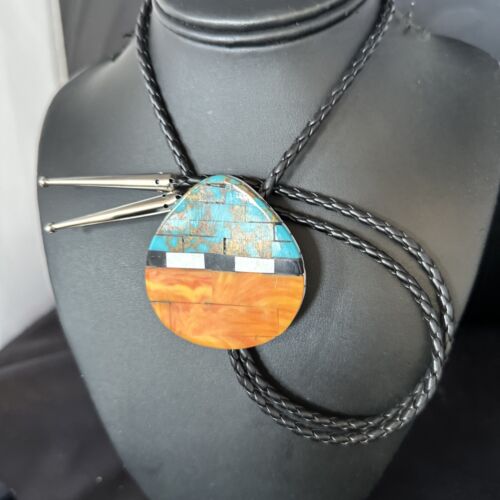 Men's Bolo Tie | Turquoise & Orange Spiny Oyster | Sterling Silver Tips | 14628