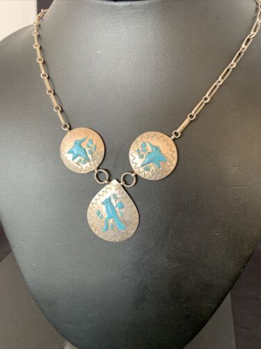 Vintage Zuni Blue Turquoise Necklace Pendant | Sterling Silver | Old Pawn | Native American Handmade | 19" | 1715