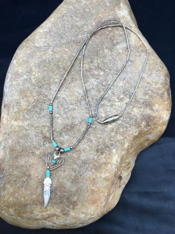 Native Turquoise Feather Pendant Navajo Sterling Silver Necklace 8970